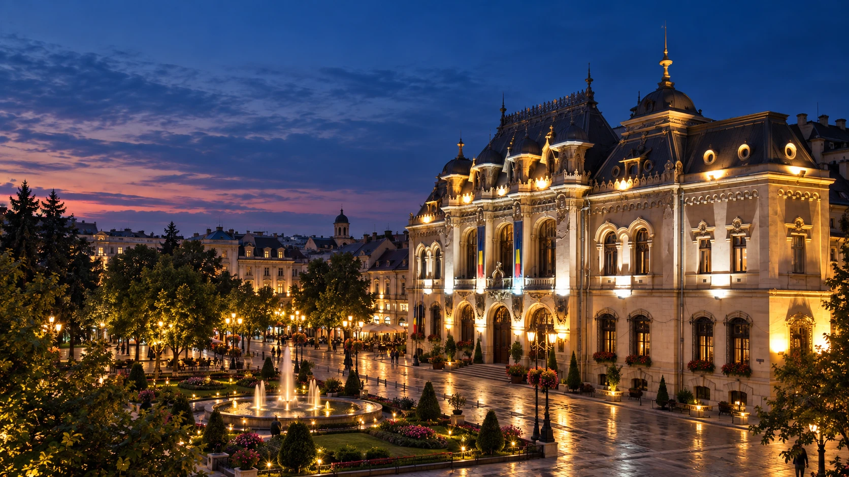 Panoramă la apus inspirată din arhitectura Craiovei — concept vizual generat AI